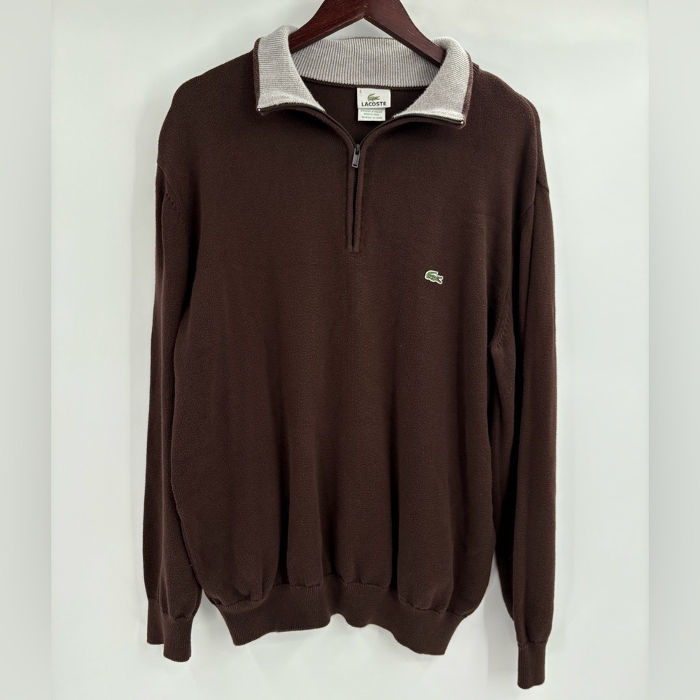 Lacoste Mens Brown Long Sleeve 1/4 Zip preppy cotton sweater Sweatshirt Size xl